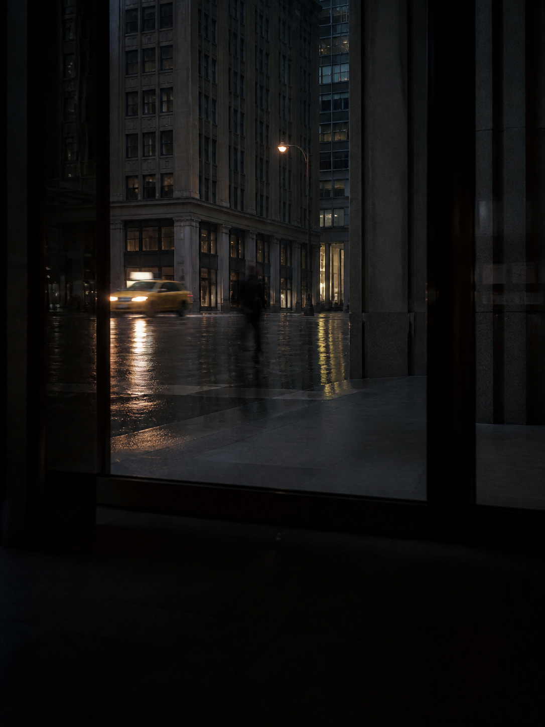 Lower Manhattan after rain at blue hour.